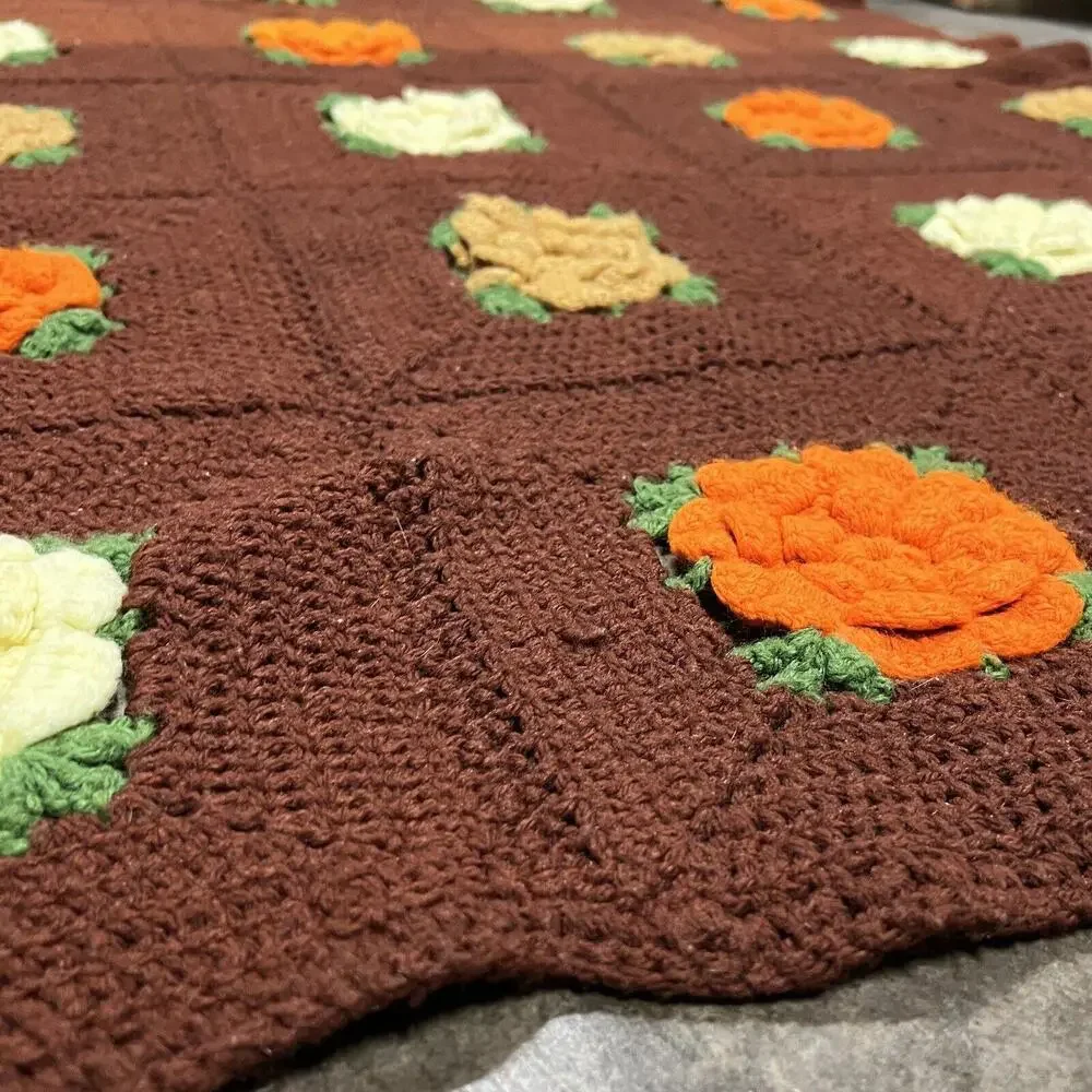 VTG Afghan Blanket 3D Flower Crochet Granny Square Handmade Throw Brown 60”x50”